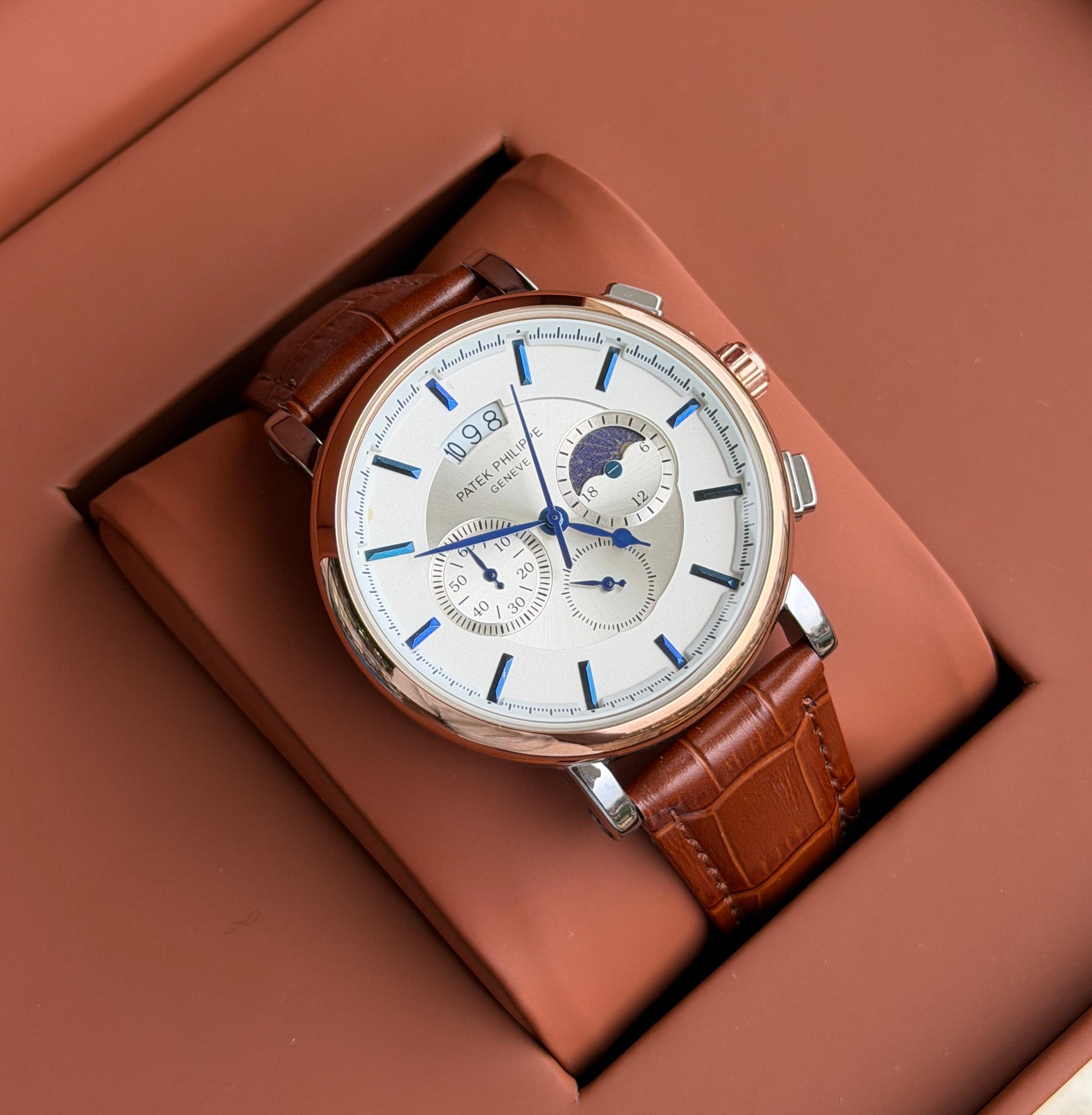 Men's chronograph watch with a brown leather strap