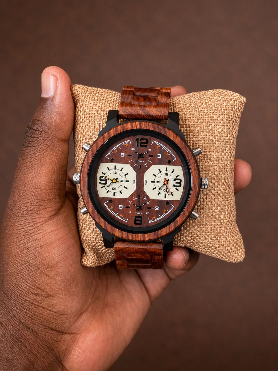 Detailed wooden watch with twin subdials